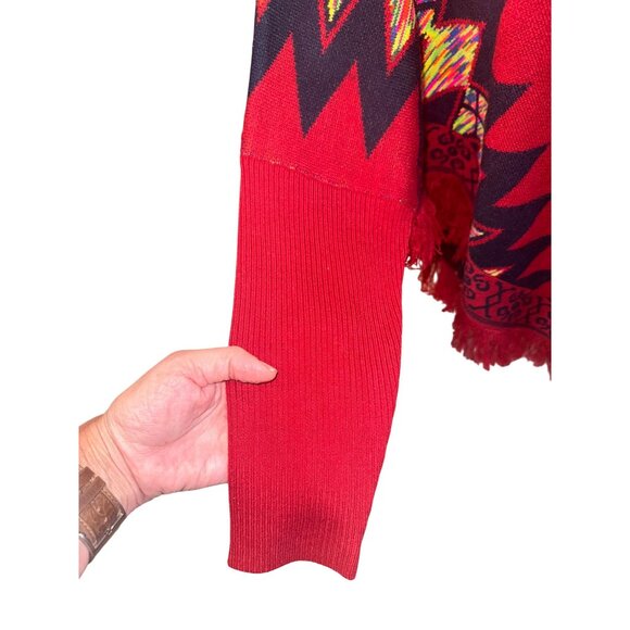 L&B Southwestern Aztec Boho Hippie Red Poncho Western Sweater Tribal Fringe m - Picture 8 of 9